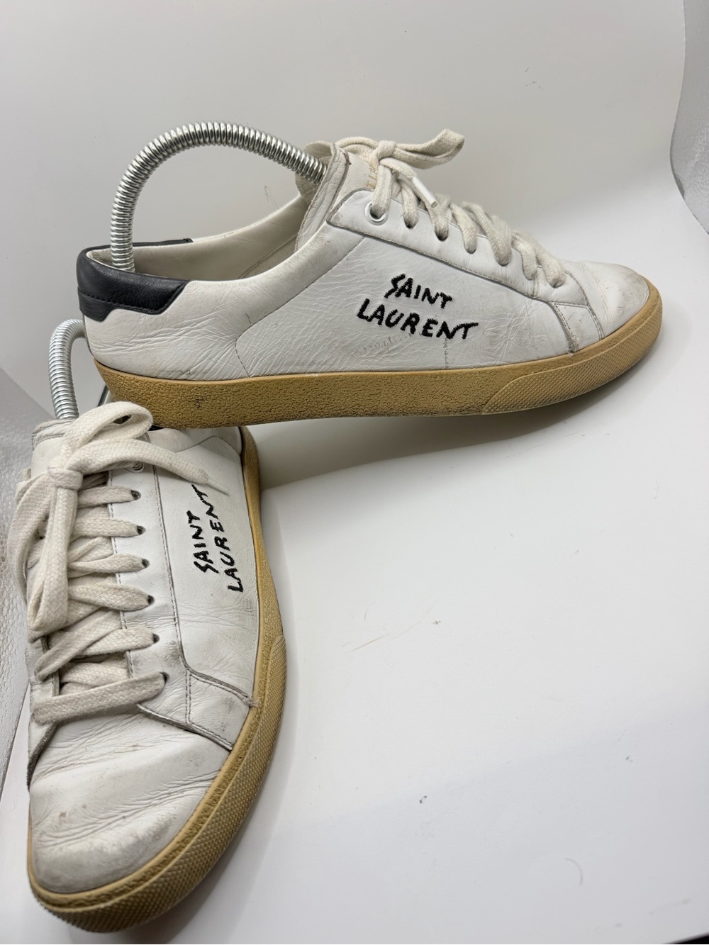 Saint Laurent White Leather Sneakers with Tan Sole and Black Heel